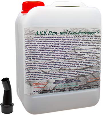 A.K.B. Steinreiniger und Fassadenreiniger S Konzentrat bis 3000m², 1651(5L Kanister +0,5 div.Probereiniger) Dachreiniger, Grünbelagentferner (bedingt für Farbiges)