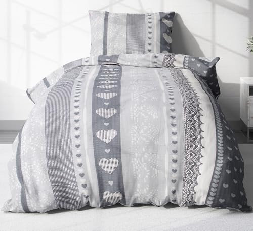 Heubergshop 2-teilige Seersucker Bettwäsche 135x200cm und 80x80cm - Love Liebe Herzen Anthrazit, Geschenkidee für Partner - Bettgarnitur aus 100% Baumwolle, bügelfrei, (386-2-S)