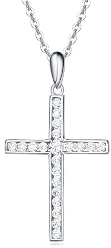 Damen Halskette mit Kreuz Christian Anhänger aus 925 Sterling Silber mit Zirconia - Verstellbar Kettenlänge: 40 + 5 cm