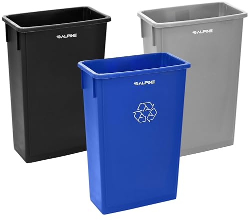 Alpine 23 Gallon Slim Recycling & Trash Bin Set – 3-Pack Blue/Black/Grey Plastic Narrow Open-Top Garbage Cans for Office, Home, School & Commercial Use