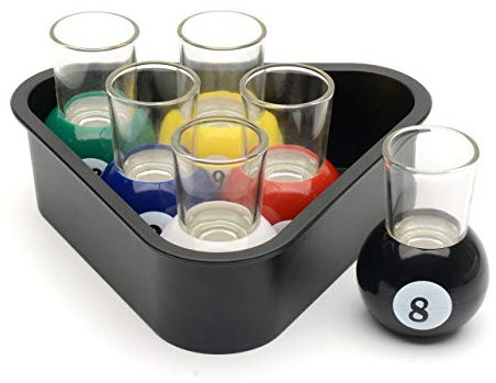 CKB LTD 6 Billardkugel-Schnapsgläser mit dreieckigem Gestell, Serviertablett – Tisch-Billard-Neuheit, Trinkspielzimmer, Hausbar-Set