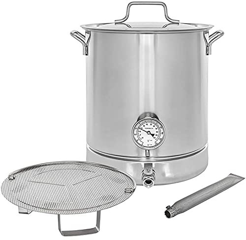 40L Acero Inoxidable Olla Caldera Con Tapa, Válvula De Bola Y Termómetro Cerveza Casera Olla De Cocina Para La Elaboración De Cerveza Cocinando Y Hirviendo (Plata)