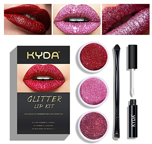 KYDA 3 Colors Glitter Lip Kit, Diamond Metllic High Pigmented Powder for Lips Cosmetics, Glitter Lips Makeup,with Lip Primer and Brush, Long Wear-Set A