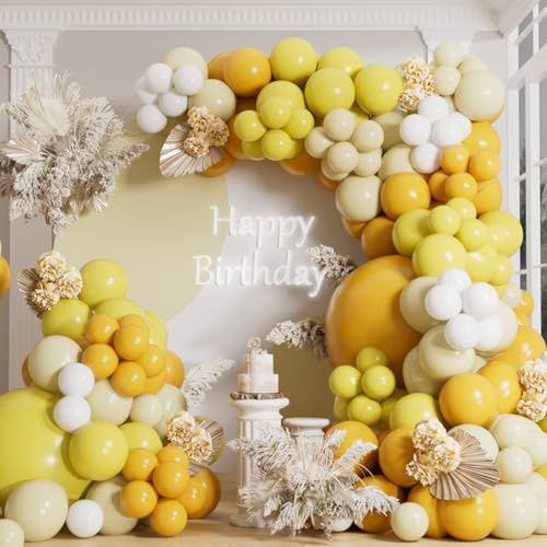 AULE Yellow Balloons Arch Kit: 155 PCS Party Mustard Yellow Pastel White Balloons Garland Different Sizes Helium Latex Balloon Ribbons for Anniversary Wedding Birthday Party Decorations