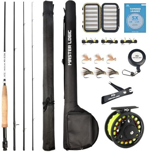 MASTER LOGIC Fly Fishing Rod and Reel Combo Starter Kit with 24T Graphite Trout Travel Fly Rod with Cork Handle and Die Cast Aluminum Fly Reel and Accessories(3/4wt-9'0-4pc)