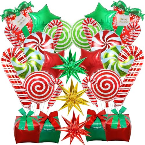 30pcs Christmas Round Swirl Candy Cane Gift Box & Explosion Star Mylar Balloons - Red & Green Foil Balloons for New Year Holiday Candyland Theme Party Decorations