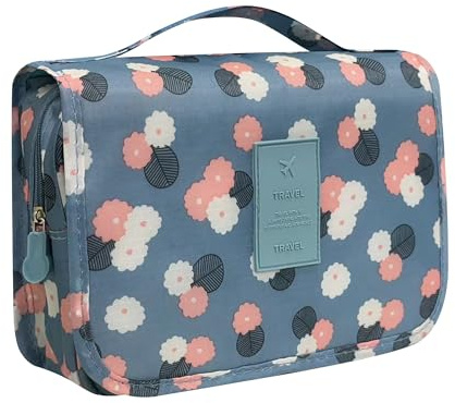 Neceser Viaje Colgante, Bolsa de Aseo Mujer Grande con Gancho, Plegable Neceser Viaje Mujer, Impermeable Estuche de Maquillaje, Azul con Flor