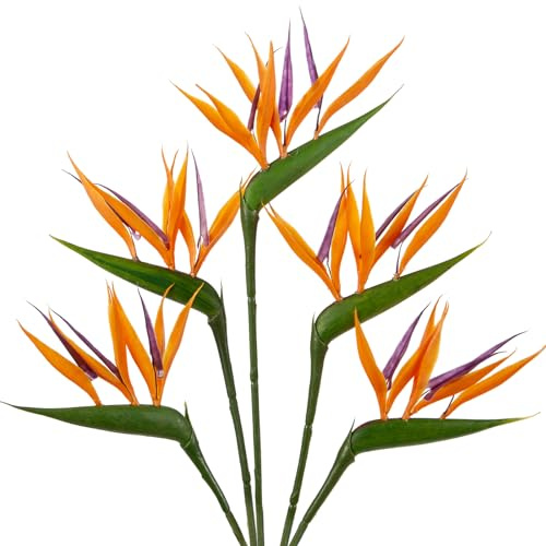 5 fiori artificiali uccello del paradiso 66 cm, piante verdi finte decorative con stelo di fiori finti per composizioni floreali, casa, giardino, ufficio, veranda, decorazione per matrimoni, arancione