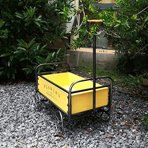 PASPRT Carro de Flores de jardín Retro Carro de Madera,Carro móvil de Hierro Forjado al Aire Libre,Patio Trasero Decorativo de jardín Interior/Exterior (Yellow)