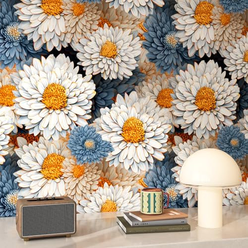 FunStick Papier Peint Fleuri Bleu Blanc Papiers Peints Chambre Enfant Bleu Marguerite Papier Adhesif pour Meuble Enfant Blanc Marguerite Papiers Peints Panoramique 3D Fleurs Vinyle Cuisine 44.5CM×3M