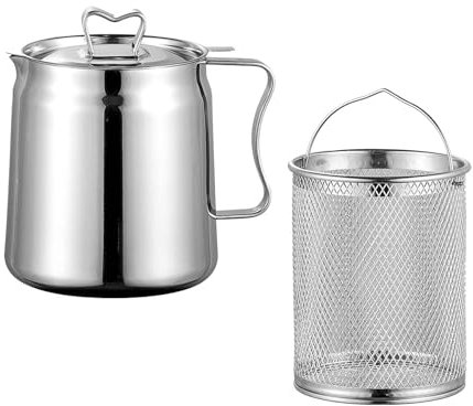 Folpus Olla para freidora de Acero Inoxidable, recipientes para Grasa con Mango, filtros de Aceite, Olla de Acero Inoxidable para Aros de Cebolla, Hornear, 2.0L