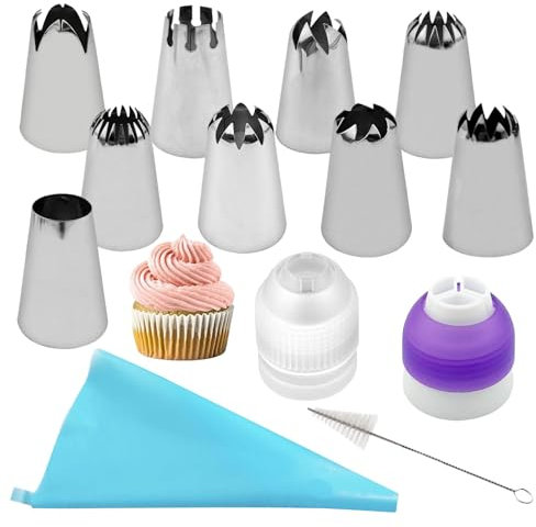 LdawyDE Spritzbeutel mit Tüllen 13 Stück, 9x 304 Edelstahl Spritztüllen groß (XL) Torten Zubehör mit 2x Kupplungen 1x Reinigungsbürste 1x Silikon Spritzbeutel für Cupcakes, Torten Dekorieren, Kuchen