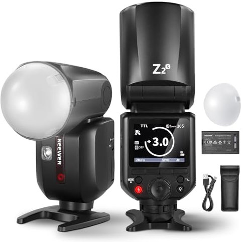 NEEWER Z2-S 2,4 G TTL Flash Cabeza Redonda Flash Speedlite Compatible con cámaras Sony 76 W 1/8000s HSS, difusor 2 lámparas de Modelado Mejor UI TTL/M botón de conmutación 3000 mAh batería 600 Flash