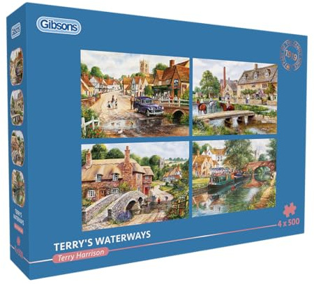 Gibsons Terry’s Waterways 4 x 500 Piece Jigsaw Puzzle Set for Adults – Four Countryside Scenes by Terry Harrison – Relaxing British Landscapes – Premium Multi-Box Puzzle Collection