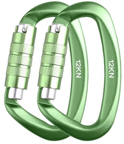 Azarxis Moschettoni 12kN (1200 kg) Multiuso in Lega d'Alluminio Forma a D Moschettone Piccolo per Campeggio Amaca Tenda Zaino Escursioni (#02 Verde (Moschettone a Vite) - 2 Pezzi)