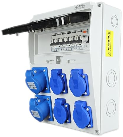 RoadEu - Distributore di corrente 230 V. monofase, 2 prese CEE 16 A 3P e 4 prese Schuko con fusibile automatico distributore di presa con interruttore FI. Prese integrate con scatola dei fusibili.