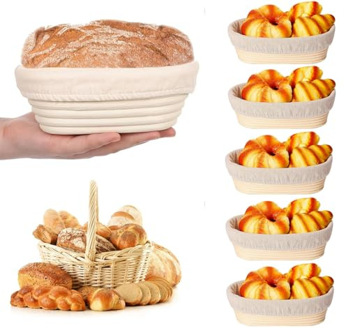 Confezione da 6 cestini ovali lunghi per la lievitazione del pane, in rattan, con fodera in lino, per panettieri professionali e casalinghi, 17 x 11,9 x 6,1 cm