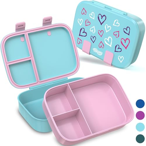 TAKWAY Brotdose Kinder mit Fächern - Bento Box Lunchbox BPA Frei - robust & leicht zu öffnen (Türkis-Herzen)