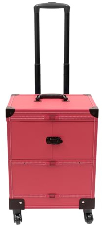OUKANING Professionell kosmetikaväska med hjul, stor kapacitet med 7 fack och spegel, sminkväska, 50 kg bärkraft, vattentät, sminkväska för viskosartister/frisörer, rosa, 37*24.3*101cm, modern