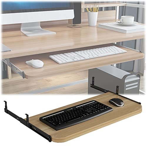 Cajón ergonómico para teclado, plataforma deslizante ajustable para teclado debajo del escritorio, mesa de extensión ajustable en altura, 54/60/70 x 27 cm, soporte de teclado de madera para escribir
