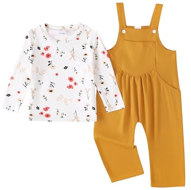 UUAISSO Abbigliamento per Bambine Completo Neonate Composto da Top a Maniche Lunghe Righe e Floreale Salopette e Pantaloni Giallo 3-4 anni