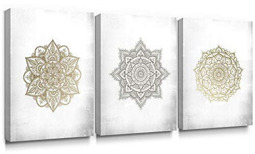 SUMGAR Mandala Art Mandala gris dorado Decoración de la pared Decoraciones indias Impresiones en lienzo Flores asiáticas Imágenes Obra floral para el dormitorio Sala de estar Baño 30x40cmx3 Piezas