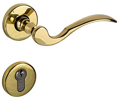 JUVA Türgriff Zimmertür Rosetten-Garnitur Vintage Türbeschlag Antik Messing poliert - Löffel | PZ - Profil-Zylinder | Türklinke für Türstärke 35 – 47 mm | 1 Set - Türdrücker inkl. Befestigungsmaterial