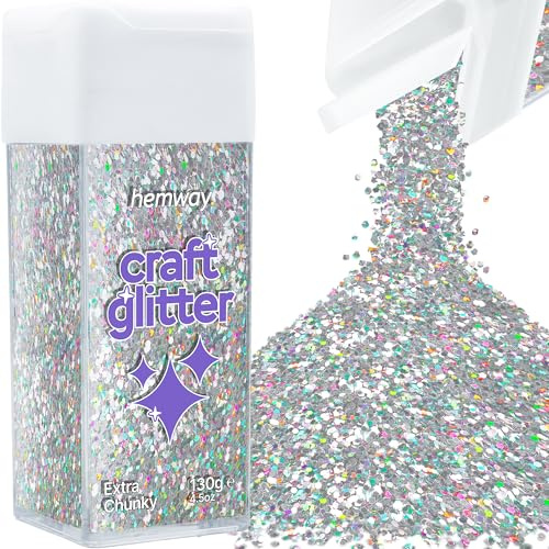 Hemway Craft Glitter Shaker Silver Holographic 130g Extra Chunky | for Resin & Epoxy Crafts, Christmas Art Supplies, Nail, Body, Face, Eye, Festival, Crafting, Slime, Sparkle