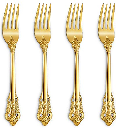 KEAWELL Luxury Salad Forks Dessert Forks Set, Set of 4, 18/10 Stainless Steel, 7 Inches, Dishwasher Safe, Mirror Polished, Silverware Fork Set (Gold)