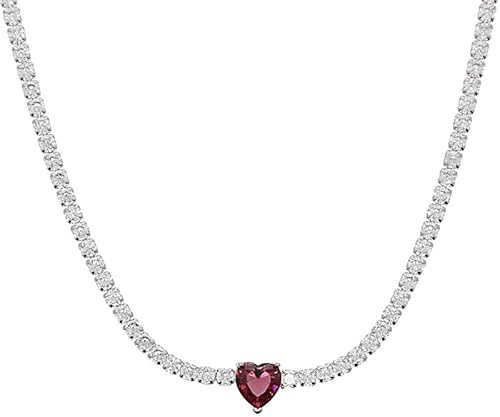 MAISON GIOIELLI FIRENZE - OHANA Collana Donna Tennis Placcata Oro Bianco con Zircone a Forma di Cuore Colorato, Collana Chiusura a Moschettone Ipoallergenica, Antigraffio e Waterproof (rubino)