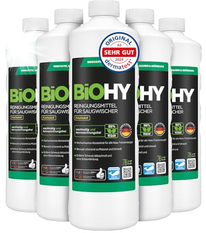 BiOHY Rengöringsmedel för sugmopp med fräsch doft (6 x 1 liter) | 1:200 koncentrat för alla våt- och torrdammsugare | perfekt för kakel, PVC, parkett, laminat och matta | randfri glans
