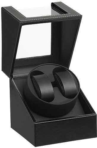 DRAIGERWAY Scatola Carica Orologio Automatische Uhrenbeweger Box PU Leder Uhrengehäuse mit leisem Motor Batteriebetrieb oder Netzteil für Automatikuhren (Schwarz PU-DGW)