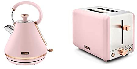 Tower T10044PNK Cavaletto 1.7 Litre Pyramid Kettle with Rapid Boil, Marshmallow Pink and Rose Gold & T20036PNK Cavaletto 2-Slice Toaster with Defrost/Reheat, Marshmallow Pink and Rose Gold