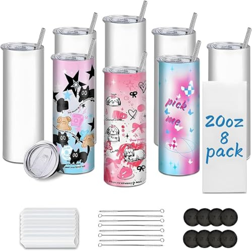 Kocdam Sublimation Tumblers, 20 oz Skinny Straight Sublimation Tumbler with Lids and Straws Bulk (8 Pack)