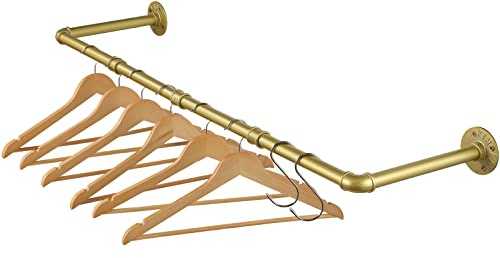 ITOOLFIRM Perchero de Tubo de Hierro Resistente para Ropa, Riel de Vestimenta de Metal Ajustable de 100cm Montado en Pared, Elegante Barra de Acero Vintage Dorada para Armario, Barra Colgante de