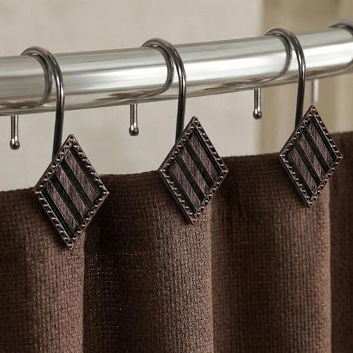 Bronze Decorative Shower Curtain Hooks: Rust Proof Metal Geometric Diamond Shaped Shower Curtain Rings - Rustic Vintage Antique Hooks Hangers for Shower Curtain Rod - Set of 12