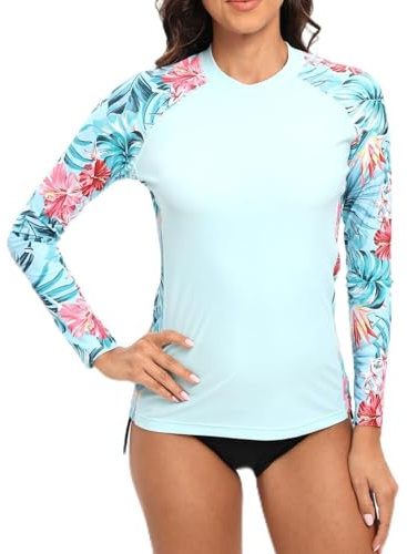 SURFEASY Womens Rash Vest Long Sleeve Ladies Sun Protection Swim Shirt Rash Guard Tops Swimsuit (Light Blue Floral,L)