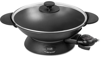 Riviera&bar Wok Eléctrico 5 L - Experto - con depósito de aluminio fundido con tapa de cristal, termostato ajustable, perfecto para 8 personas, accesorios y limpieza fácil, 2200 W