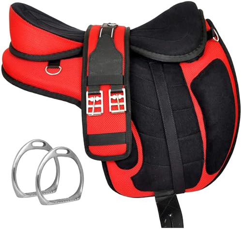 Sazaar Tack Selle de Cheval synthétique Freemax sans Arbre, avec Sangle Assortie et Paire d'étriers en Aluminium ST-011 (18 inches Seat)