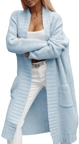 Imily Bela Cardigan long en tricot épais pour femme avec poches - Automne - Manteau d'hiver ouvert à l'avant, bleu, S