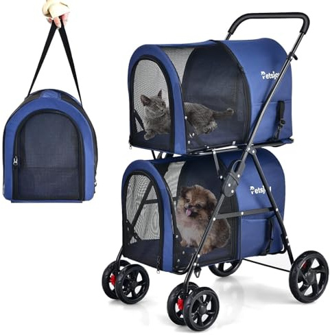 FANTASK Passeggino per cani a 2 piani con finestre a rete e portabevande per animali domestici fino a 16 kg, passeggino per gatti per 2 cani di piccola taglia, per cani e gatti, in blu