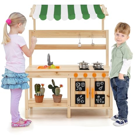 HOMASIS Cucina per Bambini con Tettoia, Cucina Giocattolo in Legno con 4 Fornelli, 2 Ganci, 1 Lavello e 4 Lavagnette, Cucinetta per Bambini da 3+ Anni da Esterno, 88 x 39 x 117 cm