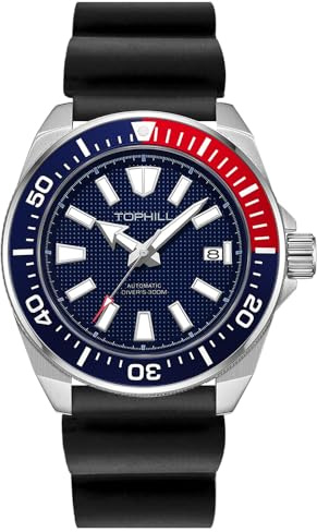 TOPHILL 43,5 mm automatische Taucheruhr für Herren, 300 m, japanisches NH35-Uhrwerk, Saphir, leuchtender Kalender, TD008G, Rotblaues Silikon