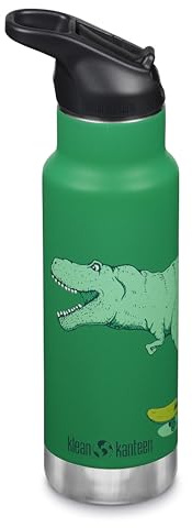 KLEAN KANTEEN Isolierte Kinderflasche, 355ml, mit Flip Sport Cap und Edelstahl-Trinkhalm, Grün/Dino Skate