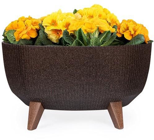 KONZEPT Blumentopf mit Füßen – großer Blumenkübel aus Kunststoff, oval Pflanzschale 40 cm – modern & wetterfest, für Innen und Außen, braun