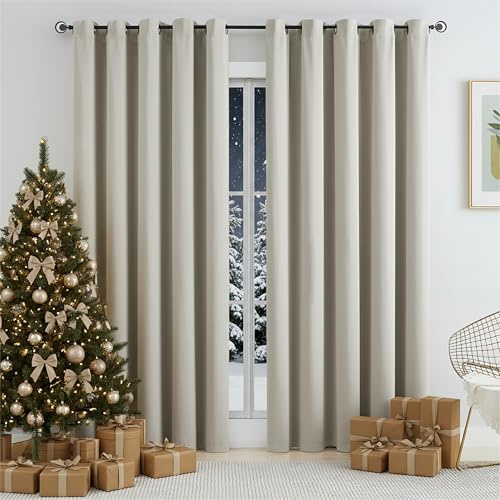 Rosehill Designs Beige Thermal Blackout Curtain 90 x 72 Drop Triple Weave Energy Saving Drape Extra Wide Noise Reducing Blackout Window Treatment 2 Panels for Rustic Living Room, Putty