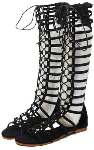 SYJYM - Sandalias planas de diseñador para mujer, con tiras, puntera abierta, hasta la rodilla, estilo gladiador, estilo romana, estilo casual, Black, 39 2/3 EU