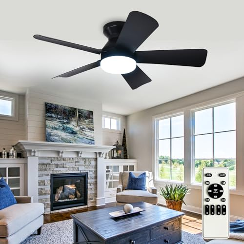Depuley Ventilador de techo moderno con luz: Ventiladores pequeños negros de 35 pulgadas para dormitorio - Ventiladores de techo empotrables regulables con mando a distancia 5 aspas negras invertidas