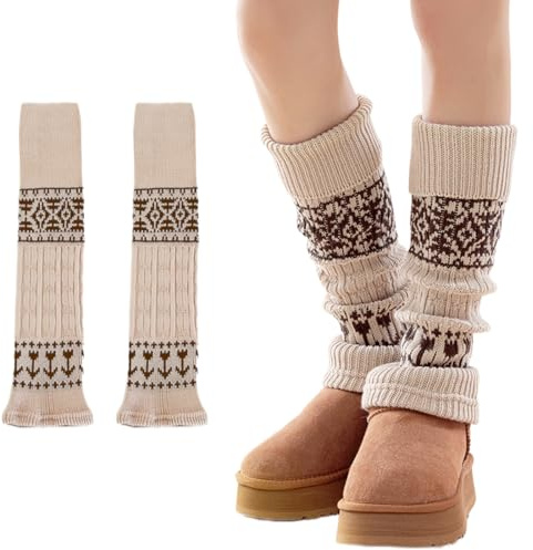 Kvinnors benvärmare, stickade benvärmare för kvinnor och flickor, vinterbenvärmare för stövlar, varma dambenvärmare, mode, knälånga strumpor (beige)