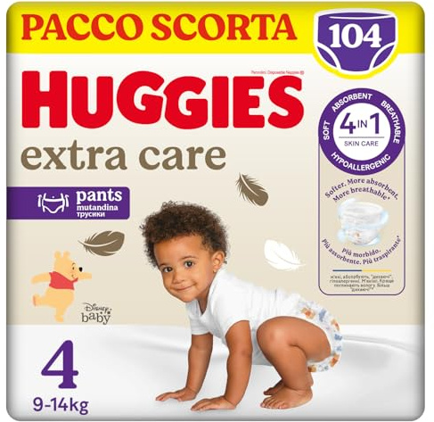 HUGGIES Extra Care - Culottes Taille 4 (9/14kg) - Pack de 104 couches-culottes - facile à mettre et à enlever ultra-doux - matériaux absorbants et respirants - hypoallérgénique